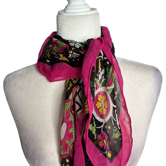 Vintage Carlisle Silk Scarf Black Pink Floral Abstract Print 29 x 31 in Square - Picture 1 of 5